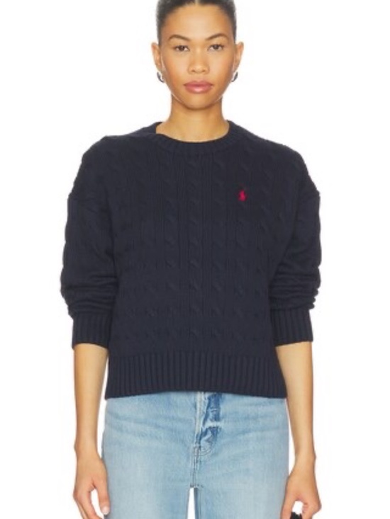 Polo Ralph Lauren Sweaters - Polo by Ralph Lauren Navy Cable-Knit Crewneck Sweater with Red Pony